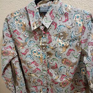Rough Rider cotton boots print blouse with pearl like snaps size M